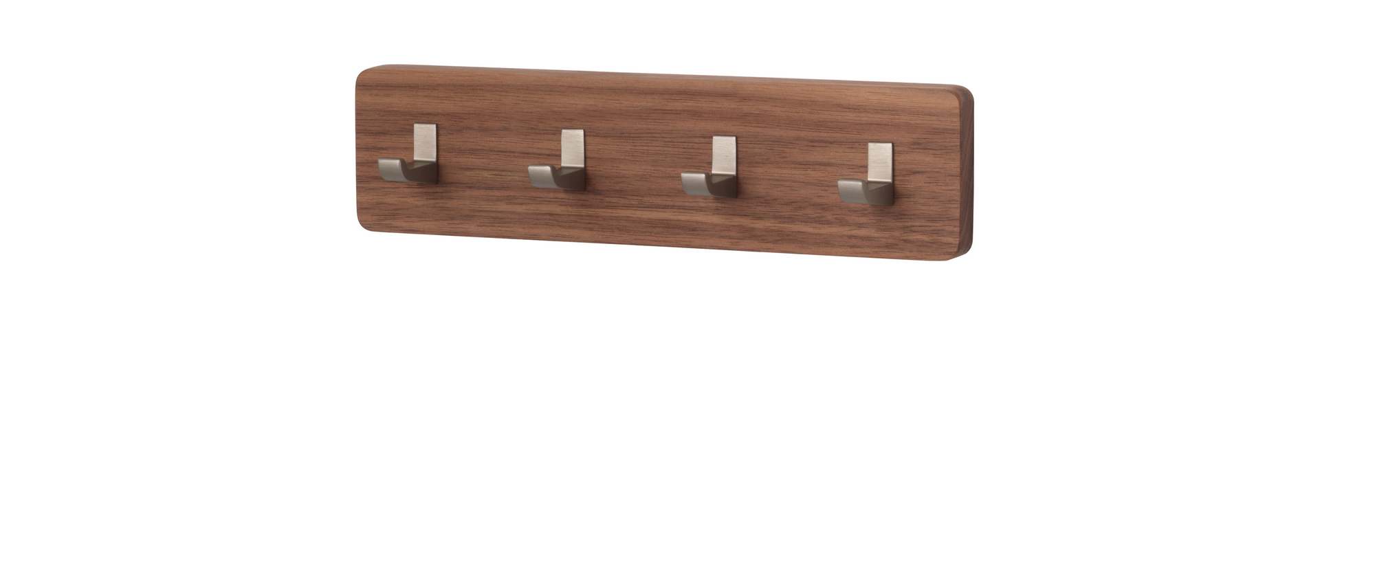 Schönbuch Key Bar Schlüsselhakenleiste aus Nussbaumholz mit vier silberfarbenen Haken zur Wandmontage.