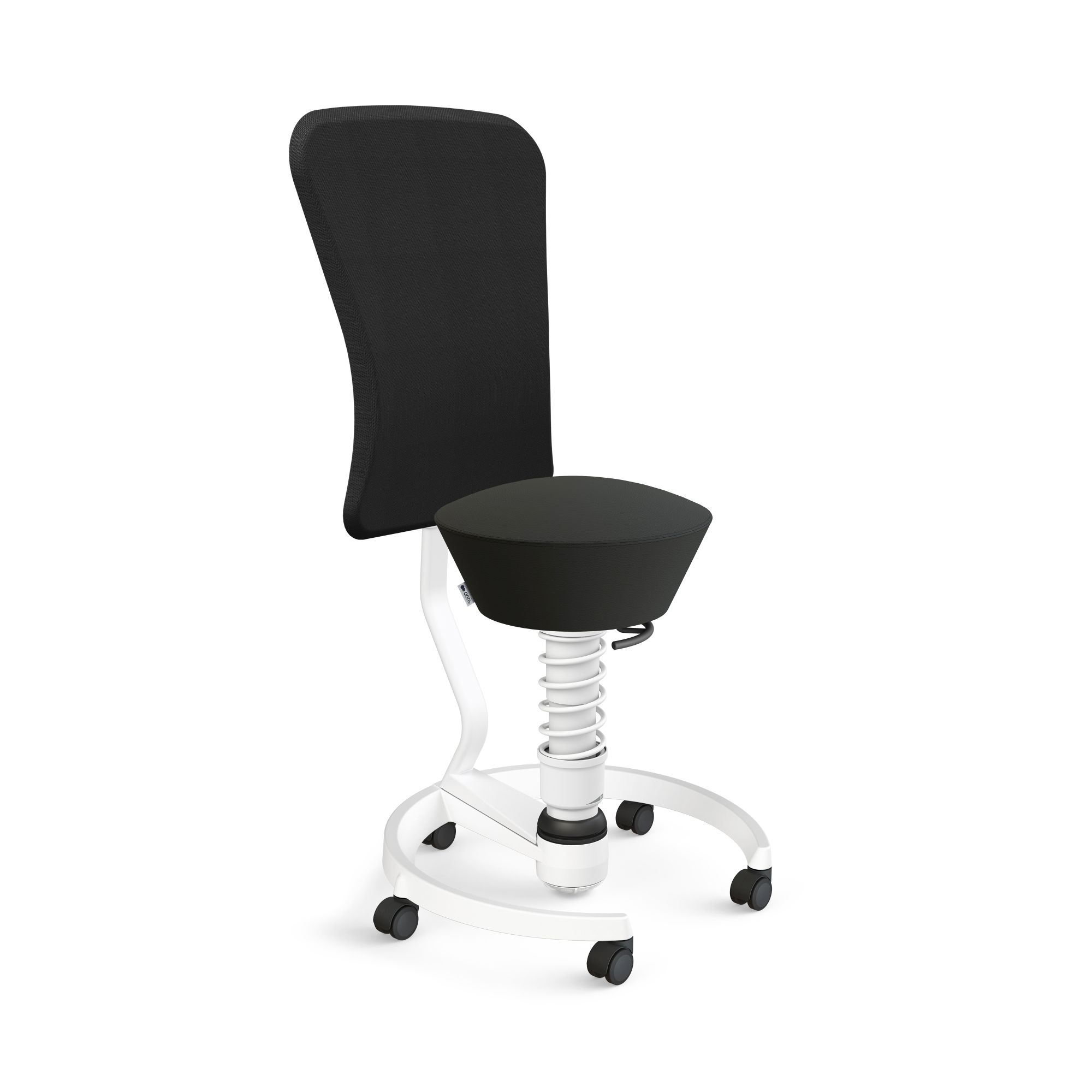 Ergonomischer Bürohocker mit schwarzem Sitz und Rückenlehne, weißem Gestell und Rollen für dynamisches Sitzen.