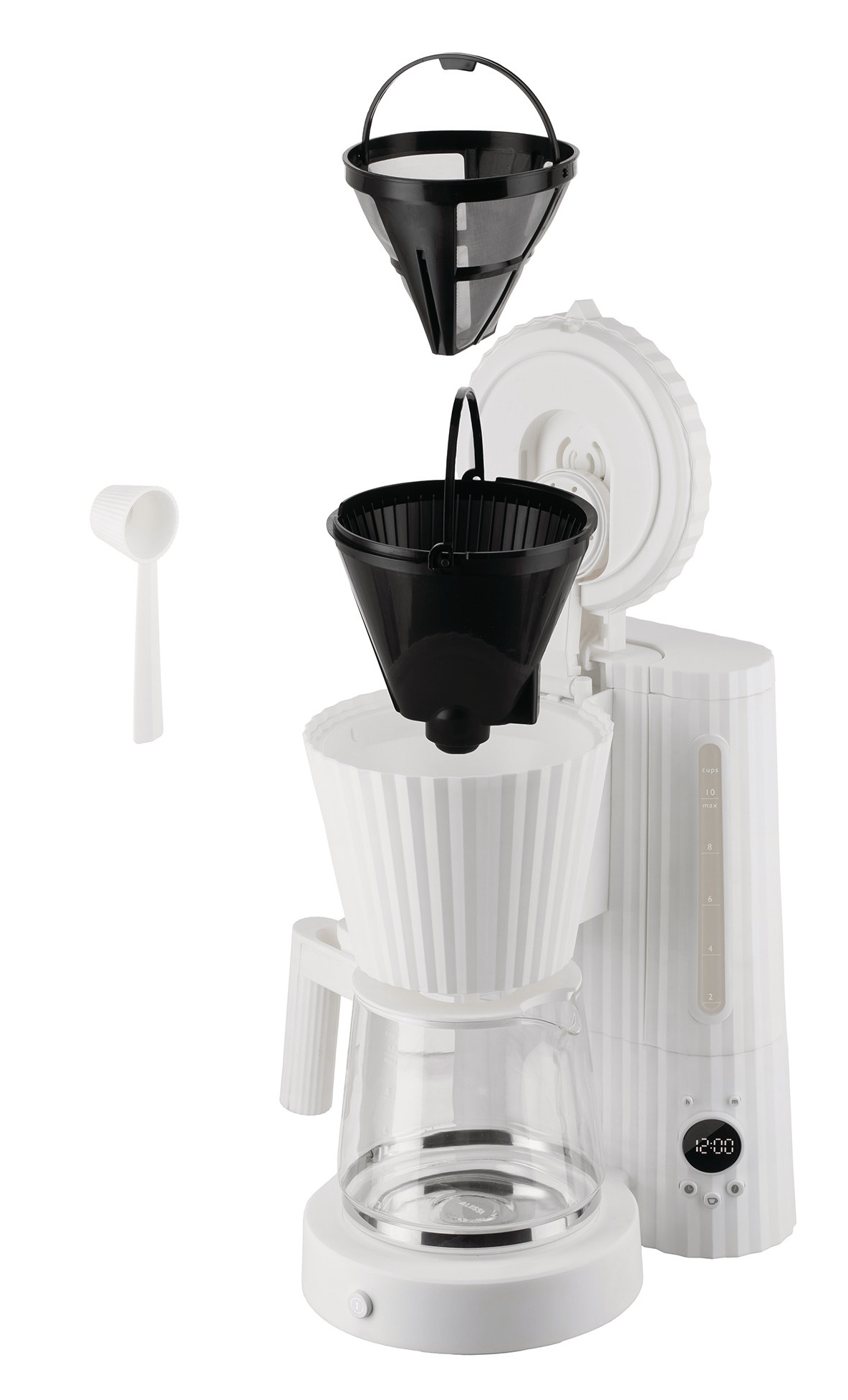 MDL14 Alessi Filterkaffeemaschine in Weiß mit Plissee-Design und schwarzem Filter, Kaffeekanne und Messlöffel.