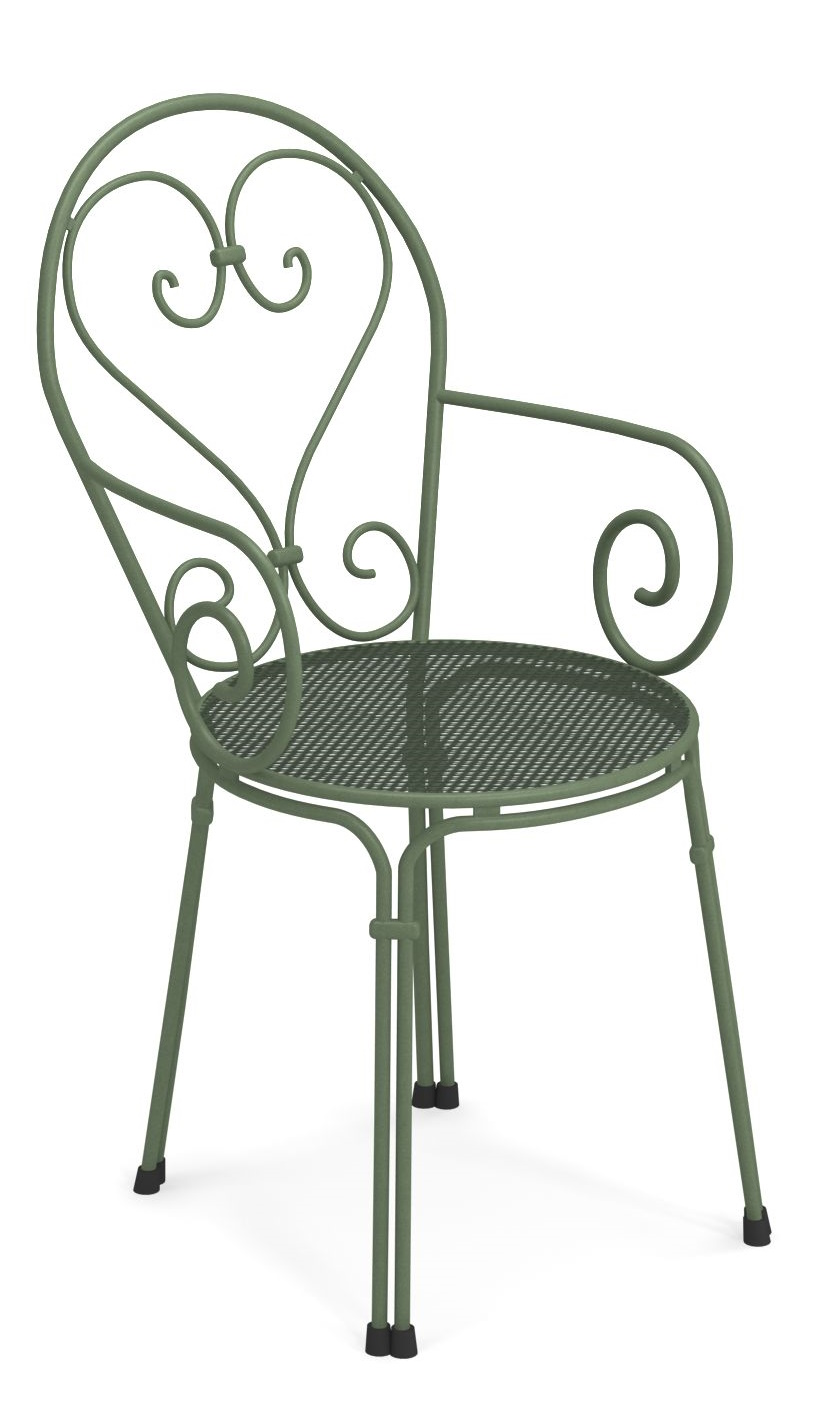 Grüner Pigalle Stuhl von Emu für den Außenbereich, Metallstuhl mit Armlehne und filigranem Design.