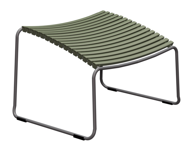 Houe Click Fußhocker für den Außenbereich, modernes Design mit grünen Lamellen und grauem Metallgestell.