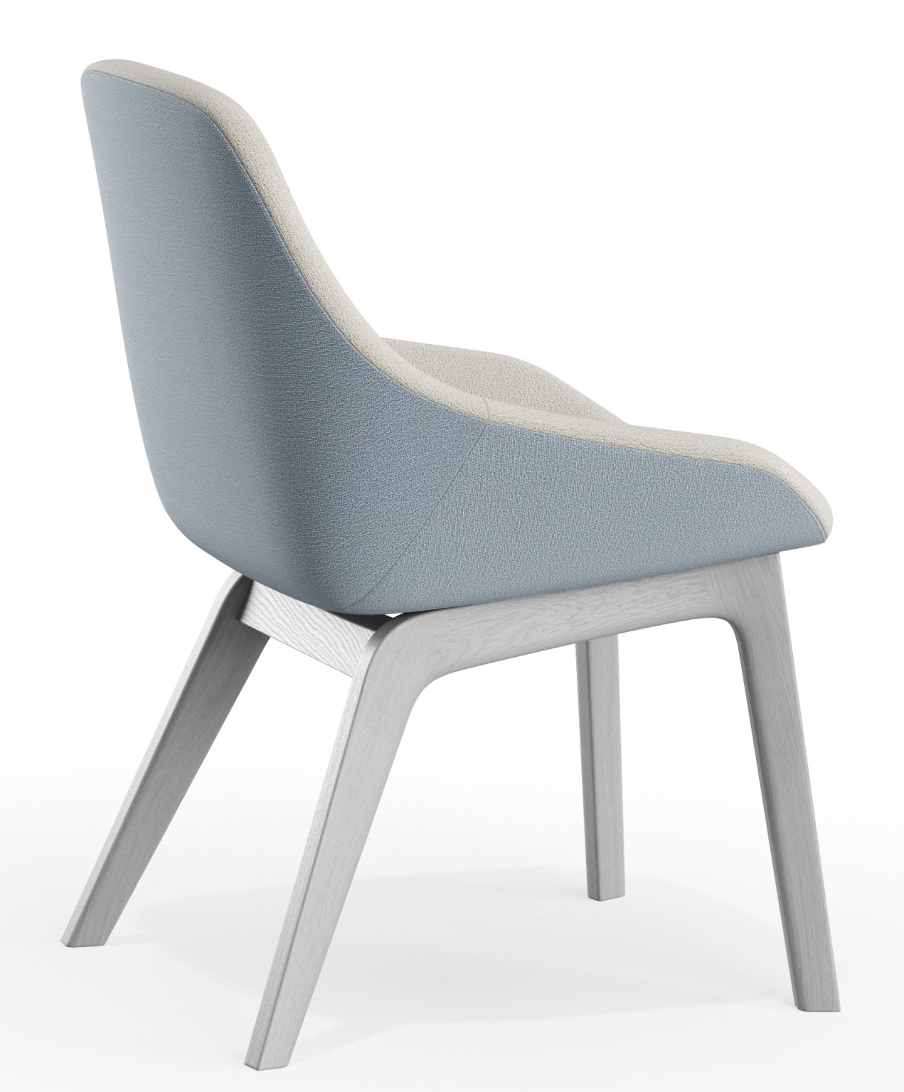Morph Dining Chair Stuhl Zeitraum, blauer Polsterstuhl mit hellem Holzgestell, moderne Sitzmöbel für Esszimmer und Wohnbereich.