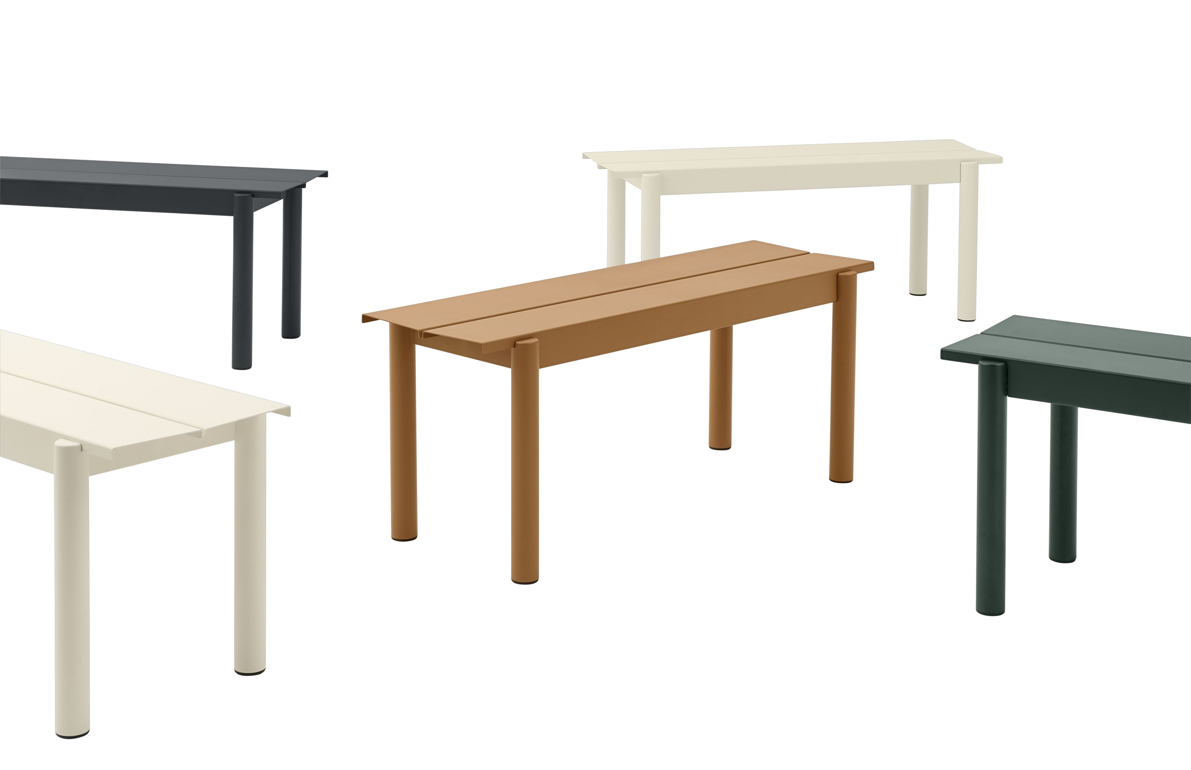 Muuto Linear Steel Outdoor Bank in verschiedenen Farben, moderne Gartenbank aus Stahl für Terrasse und Garten.