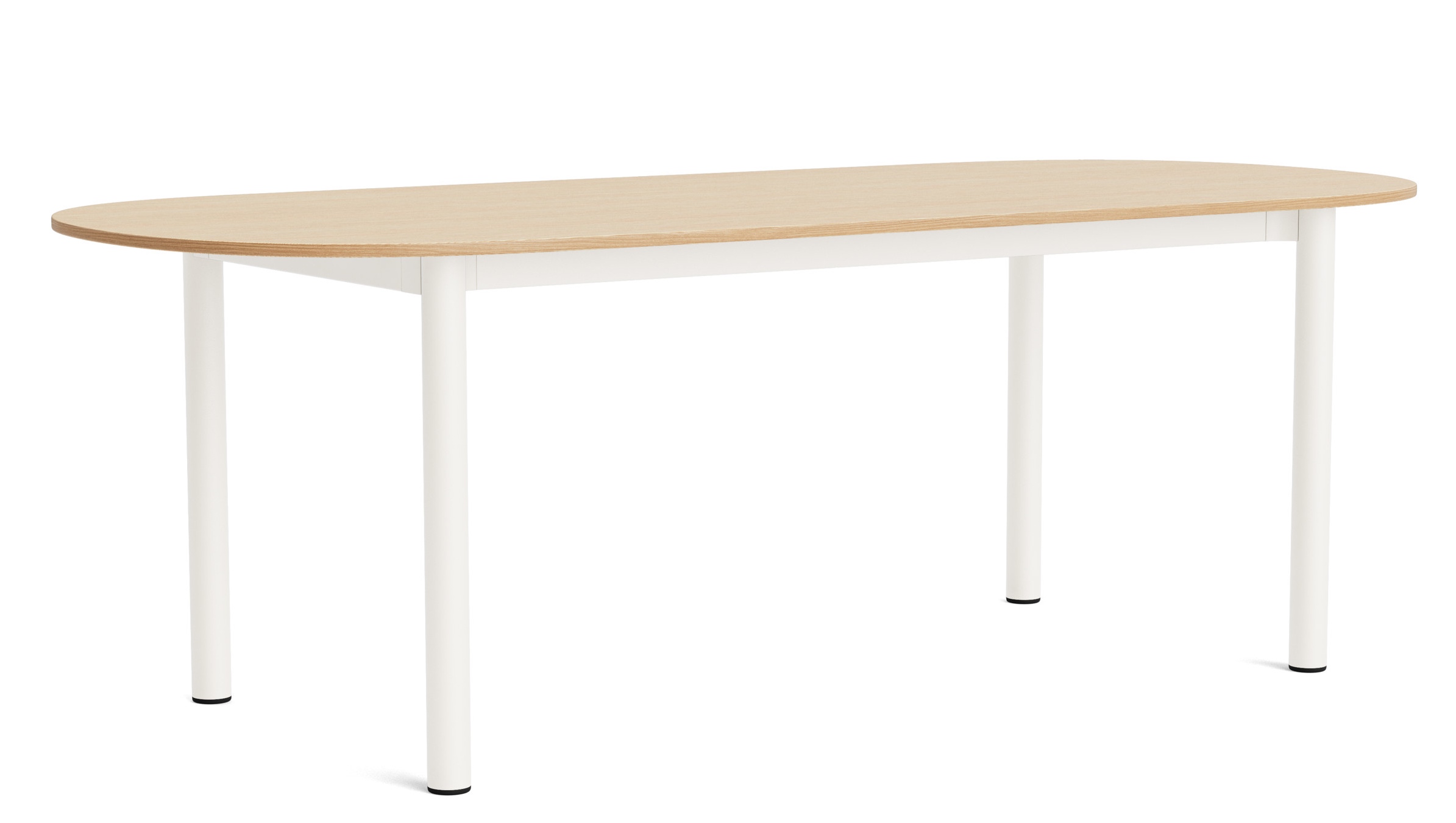 Annex Table von Hay: Ovaler Esstisch mit heller Holzplatte und weißen Beinen, freigestellt.