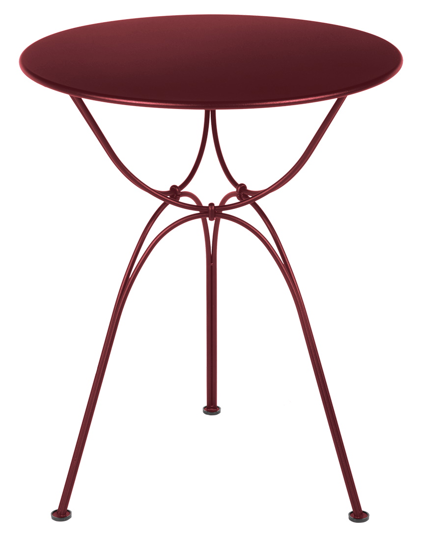Roter Airloop Tisch von Fermob, runder Outdoor-Tisch mit filigranem Metallgestell für Garten und Terrasse.