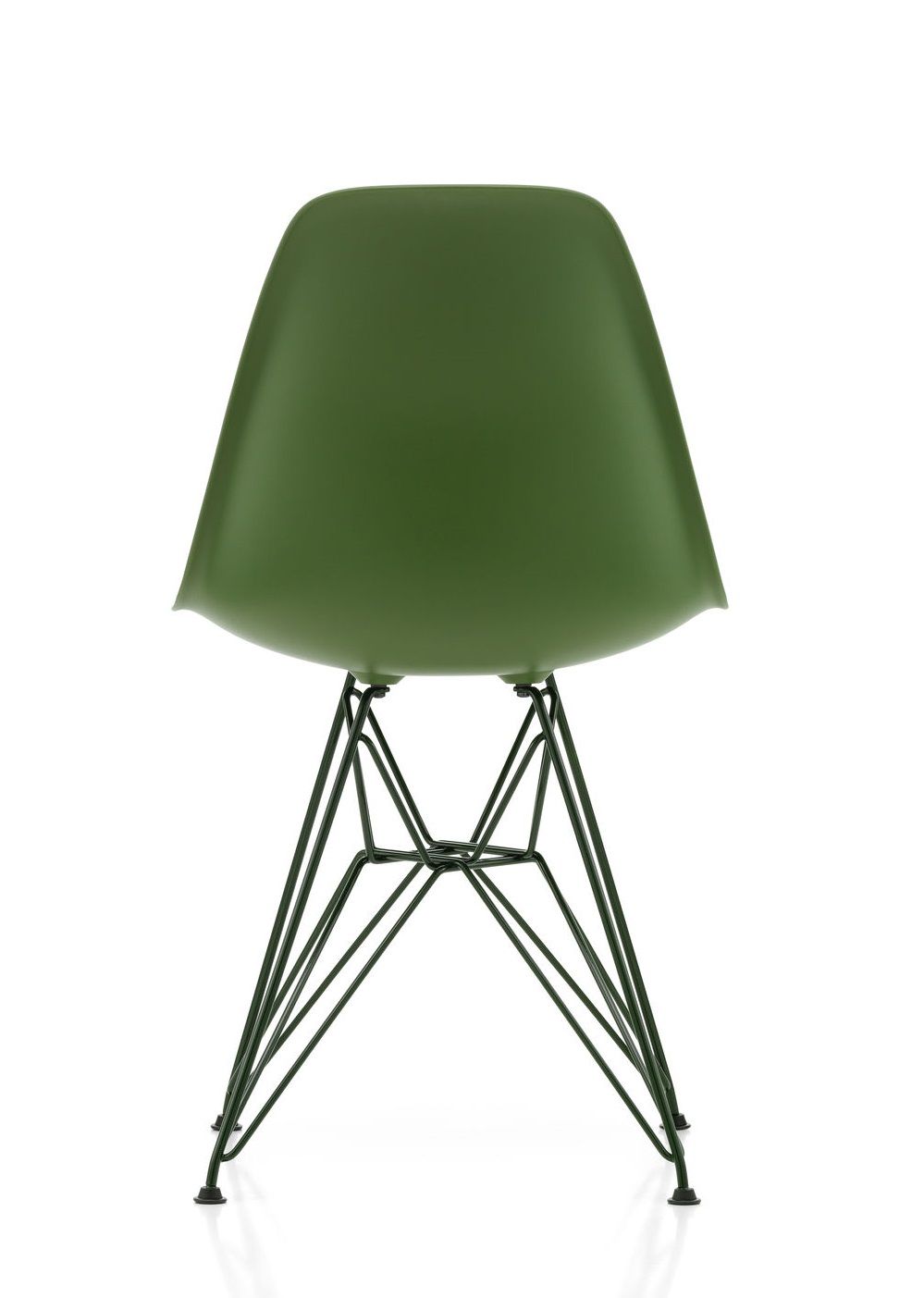 Grüner Eames Stuhl DSR von Vitra mit verchromtem Drahtgestell, Ansicht von hinten.