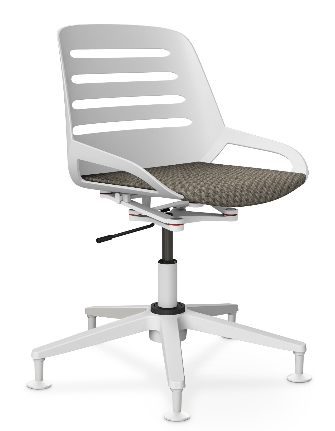 Numo Bürodrehstuhl von Aeris, weißer Schreibtischstuhl mit Armlehnen, Säule und Gleitern für ergonomisches Sitzen.