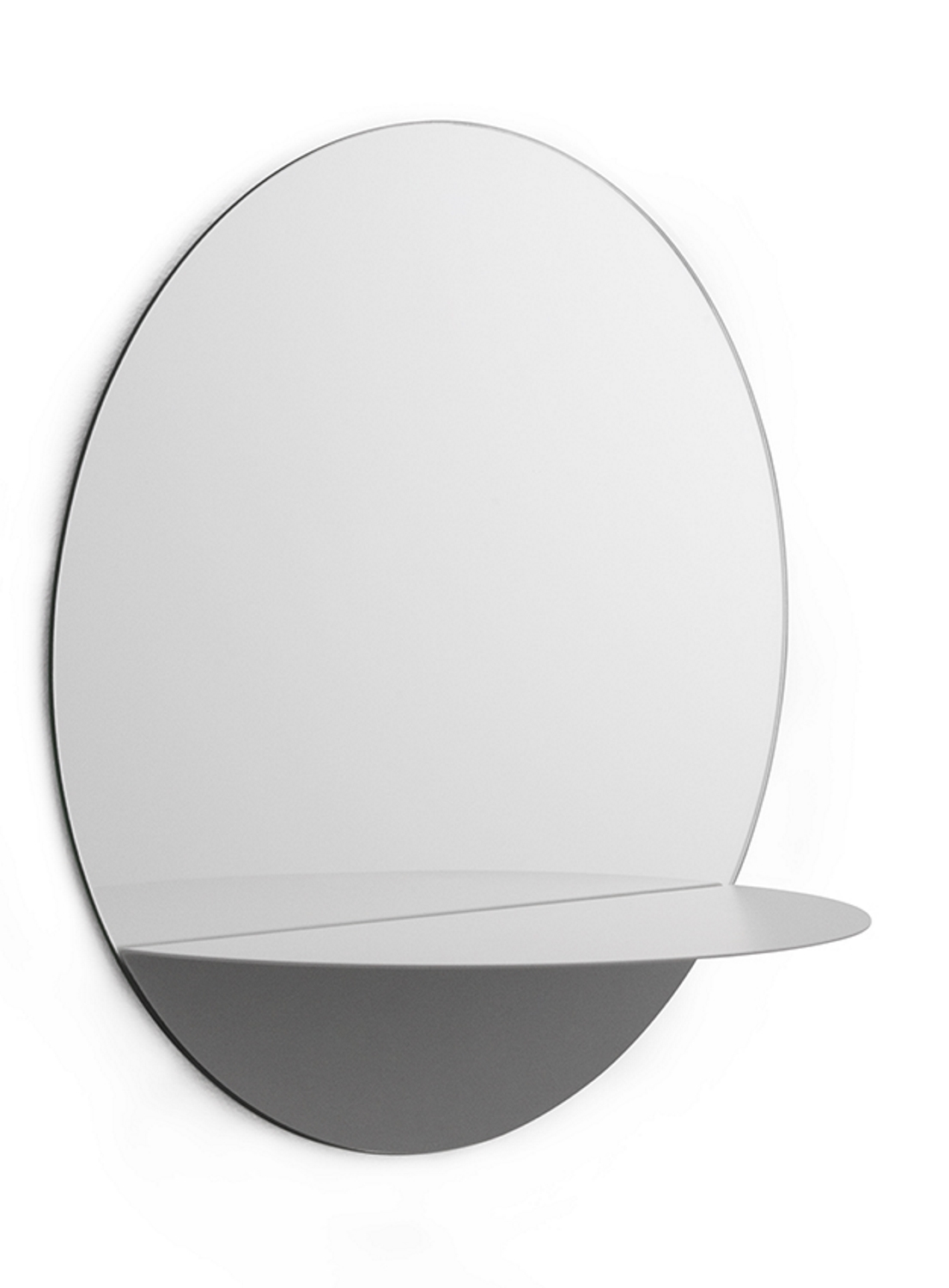Runder Spiegel "Horizon Mirror" von Normann Copenhagen mit integrierter Ablage in Grau.