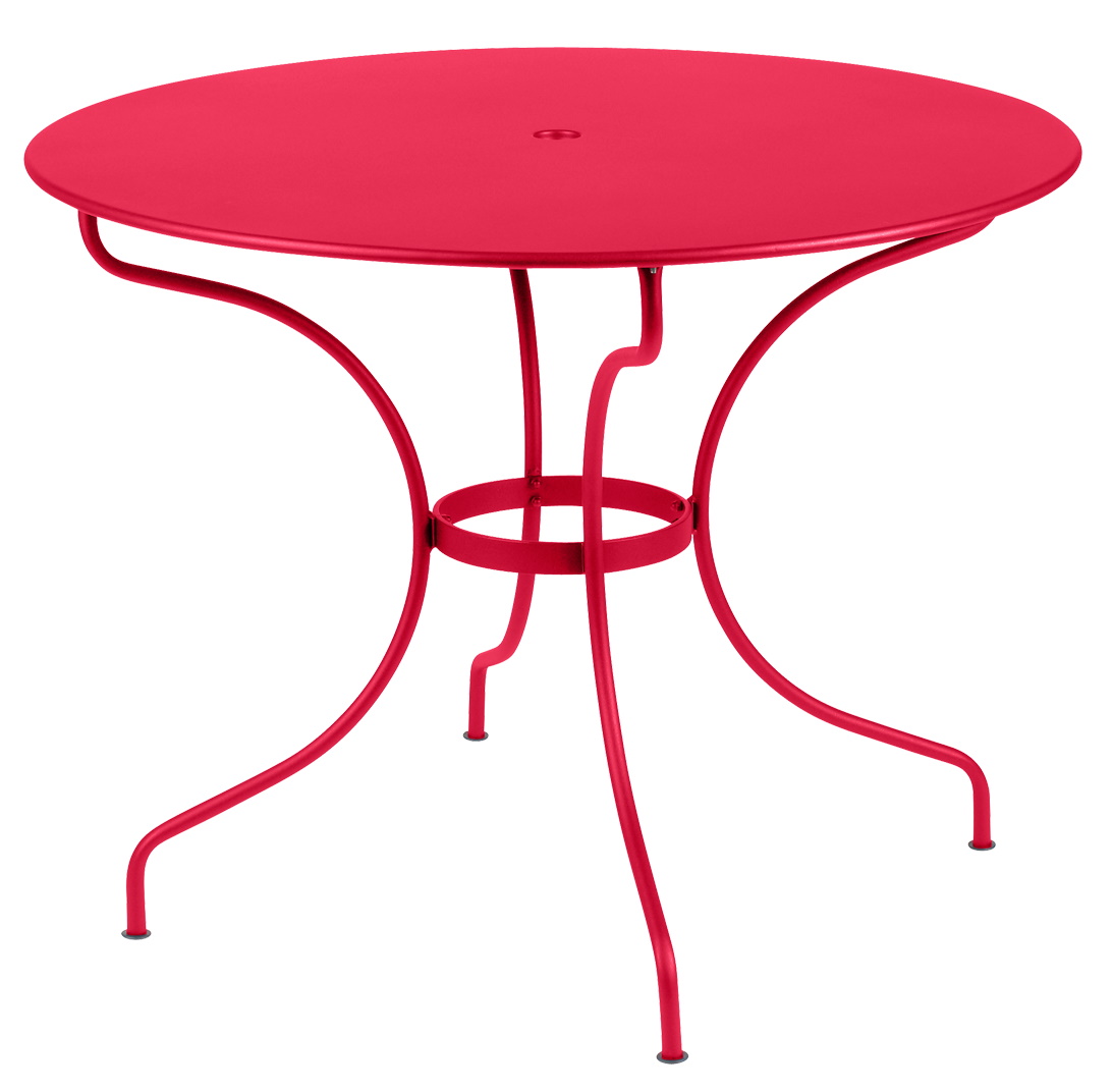 Runder, roter Opéra+ Tisch von Fermob für den Außenbereich, ideal für Garten und Terrasse.