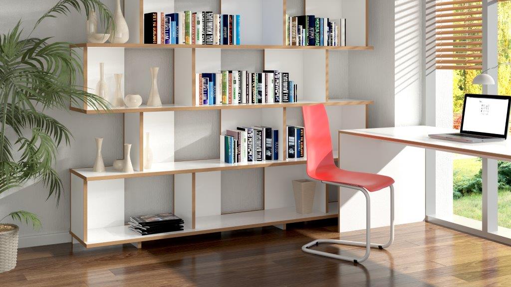 Roter Tojo Stuhl vor weißem Schreibtisch und Regal, modernes Möbeldesign für Büro und Wohnraum.