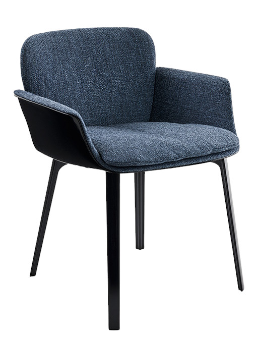 KN06 Stuhl von Knoll International: Blauer Polsterstuhl mit Armlehnen und schwarzem Gestell.