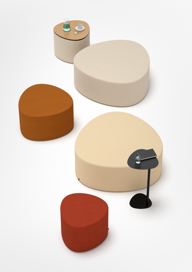 Cascando Pully Island Sitzelemente: Hocker und Sitzinseln in Beige, Orange und Rot auf weißem Hintergrund.