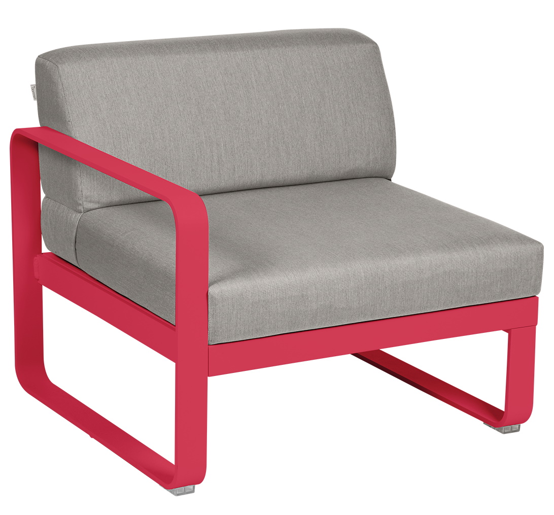 Bellevie Outdoor Sofa Modul 1-Sitzer links von Fermob, rotes Gestell, graue Polsterung, Gartenmöbel.