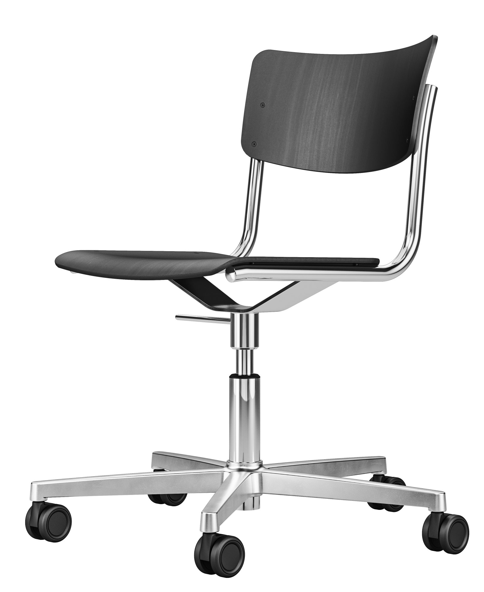 S 43 DR Thonet Drehstuhl mit schwarzer Sitzfläche und Rückenlehne, Chromgestell und Rollen.