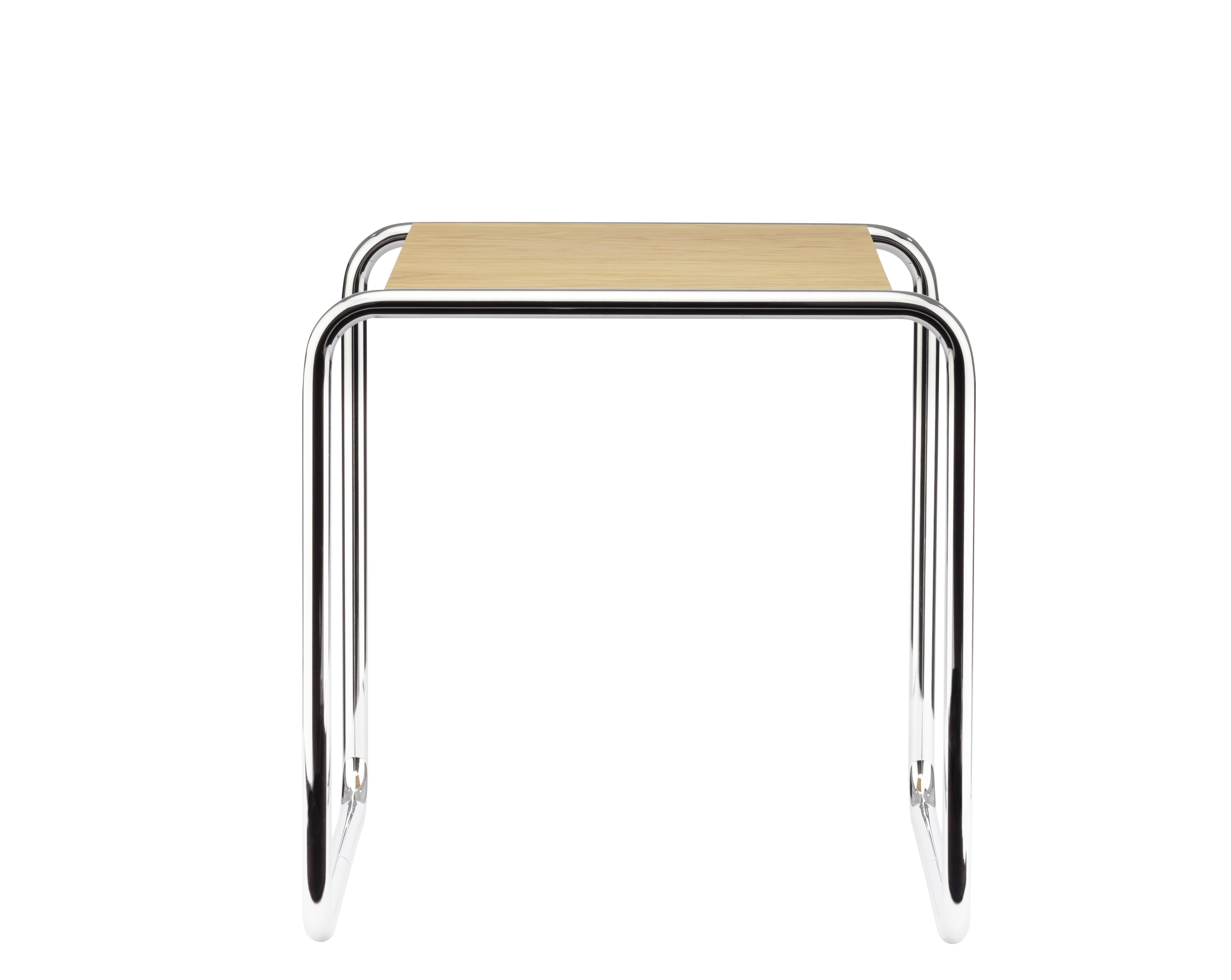 B 9 a Thonet Beistelltisch mit hellem Holztablett und verchromtem Stahlrohrgestell, Frontansicht.