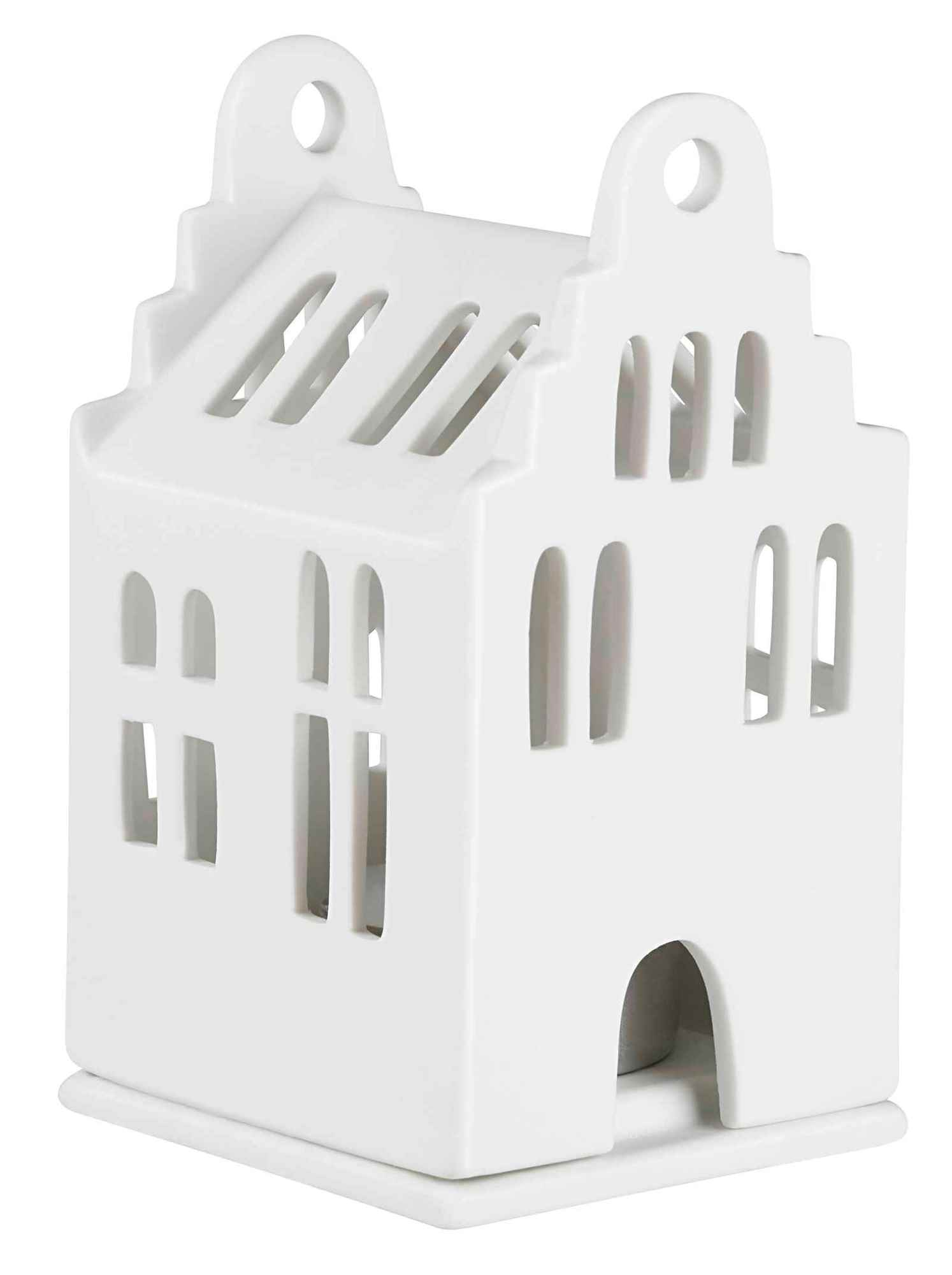 Weißes Mini Lichthaus Giebelhaus aus Keramik, dekoratives Wohnaccessoire für stimmungsvolle Beleuchtung im Innenbereich.