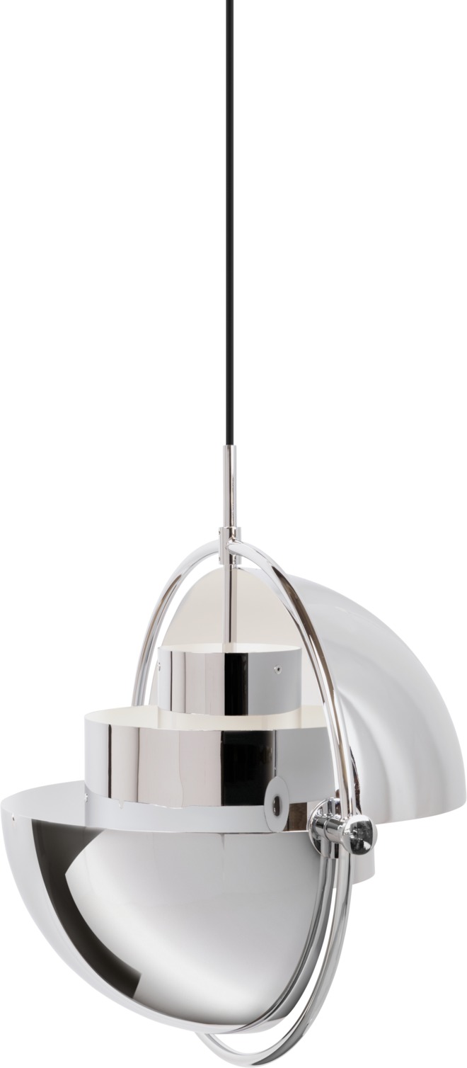 Gubi Multi-Lite Pendelleuchte in Chrom: Moderne Hängelampe mit verstellbaren Schirmen für Wohnraumbeleuchtung.