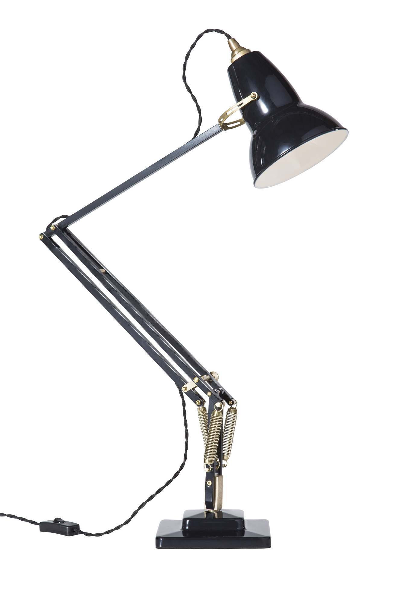 Schwarze Anglepoise Original 1227 Tischleuchte mit Messingdetails, verstellbar und ideal als Schreibtischlampe.