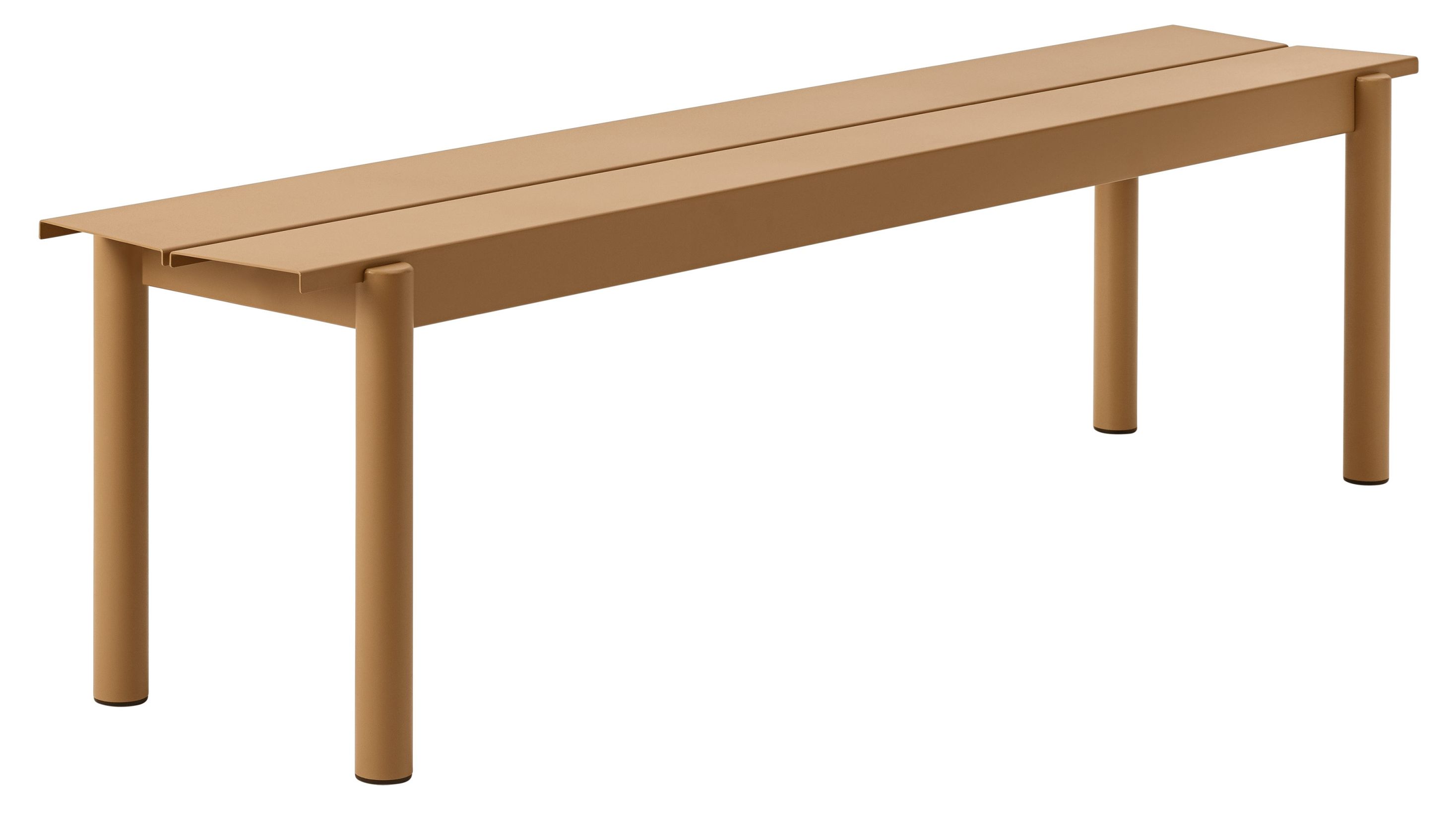 Muuto Linear Steel Bank für den Außenbereich, moderne Gartenbank aus beschichtetem Stahl in Beige.