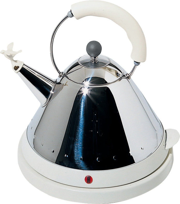 Alessi Wasserkessel MG32 aus Edelstahl mit Vogel-Pfeife und weißem Griff auf runder Basis.