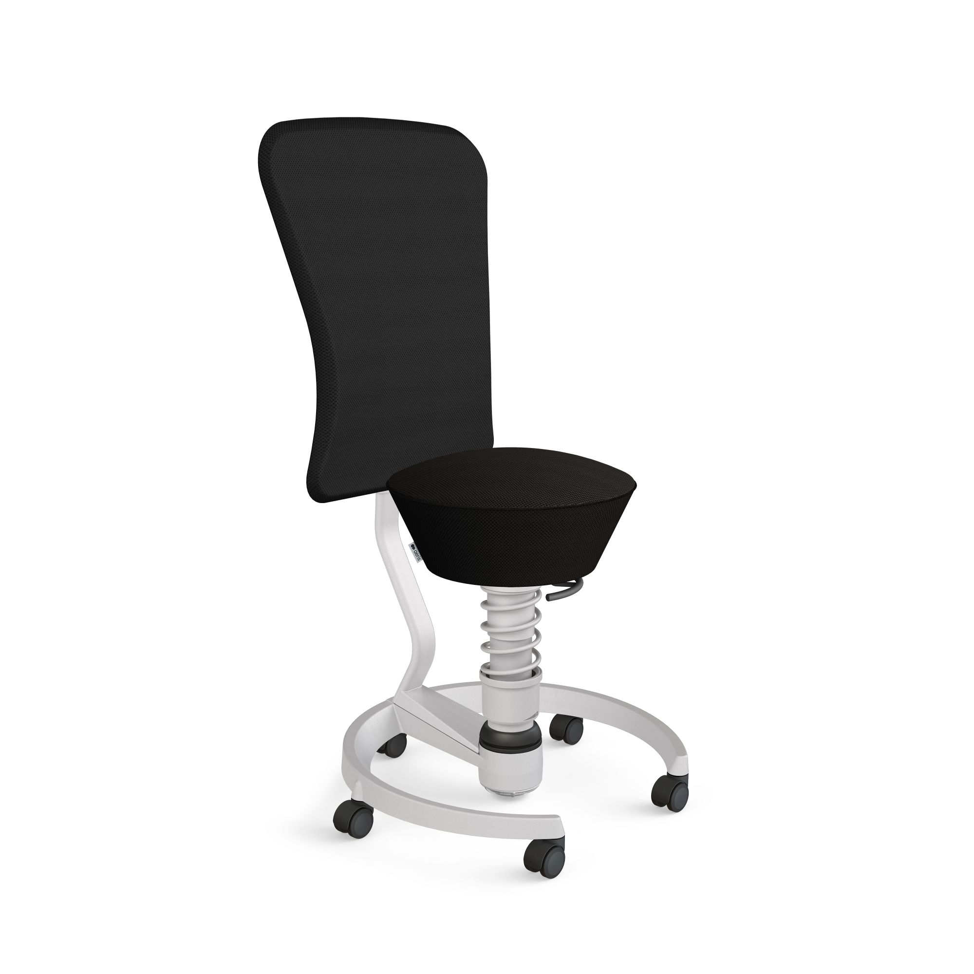 Schwarzer Swopper Bürostuhl mit Rückenlehne und weißem Federfußkreuz auf Rollen, ergonomischer Hocker für dynamisches Sitzen.