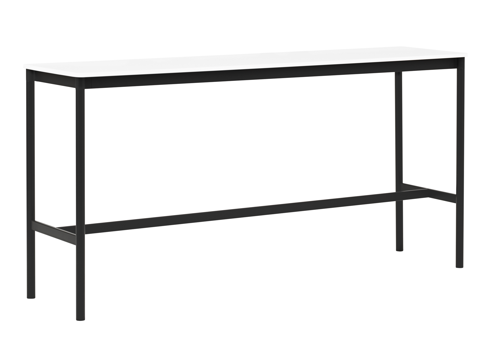 Muuto Base High Table Stehtisch mit weißer Tischplatte und schwarzem Metallgestell für moderne Büros.