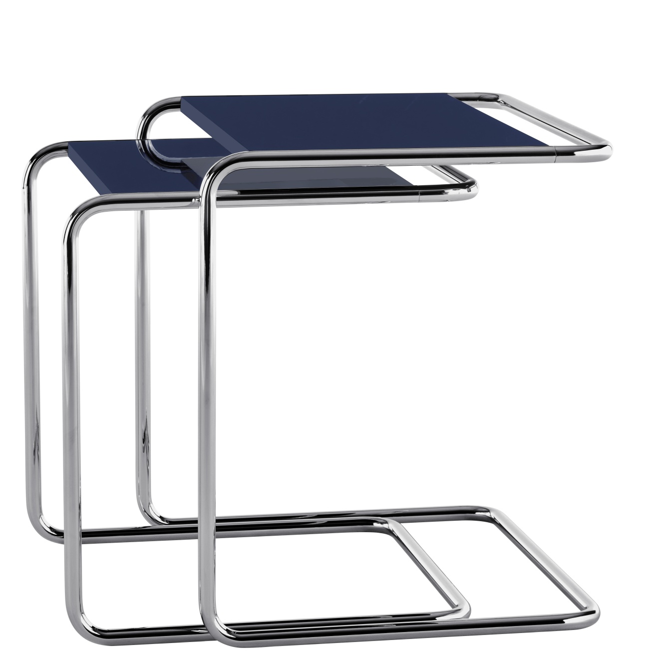 JS. Thonet B97 Beistelltisch von Jil Sander, zwei Tische aus verchromtem Stahlrohr mit blauen Ablageflächen.