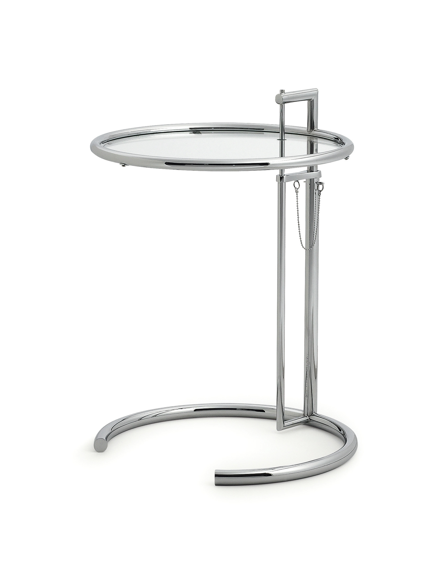 ClassiCon E1027 Beistelltisch mit Glasplatte und verchromtem Stahlrohr-Gestell, höhenverstellbarer Designklassiker.