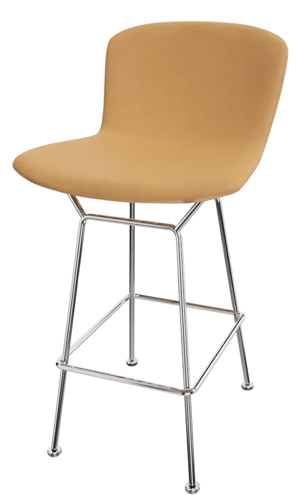 Bertoia Barhocker in Thekenhöhe von Knoll International mit Kernlederbezug und verchromtem Stahlgestell.