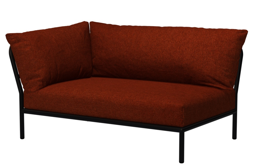 Houe Level 2 Outdoor Sofa Ecke links mit orangefarbenen Polstern und schwarzem Metallrahmen.