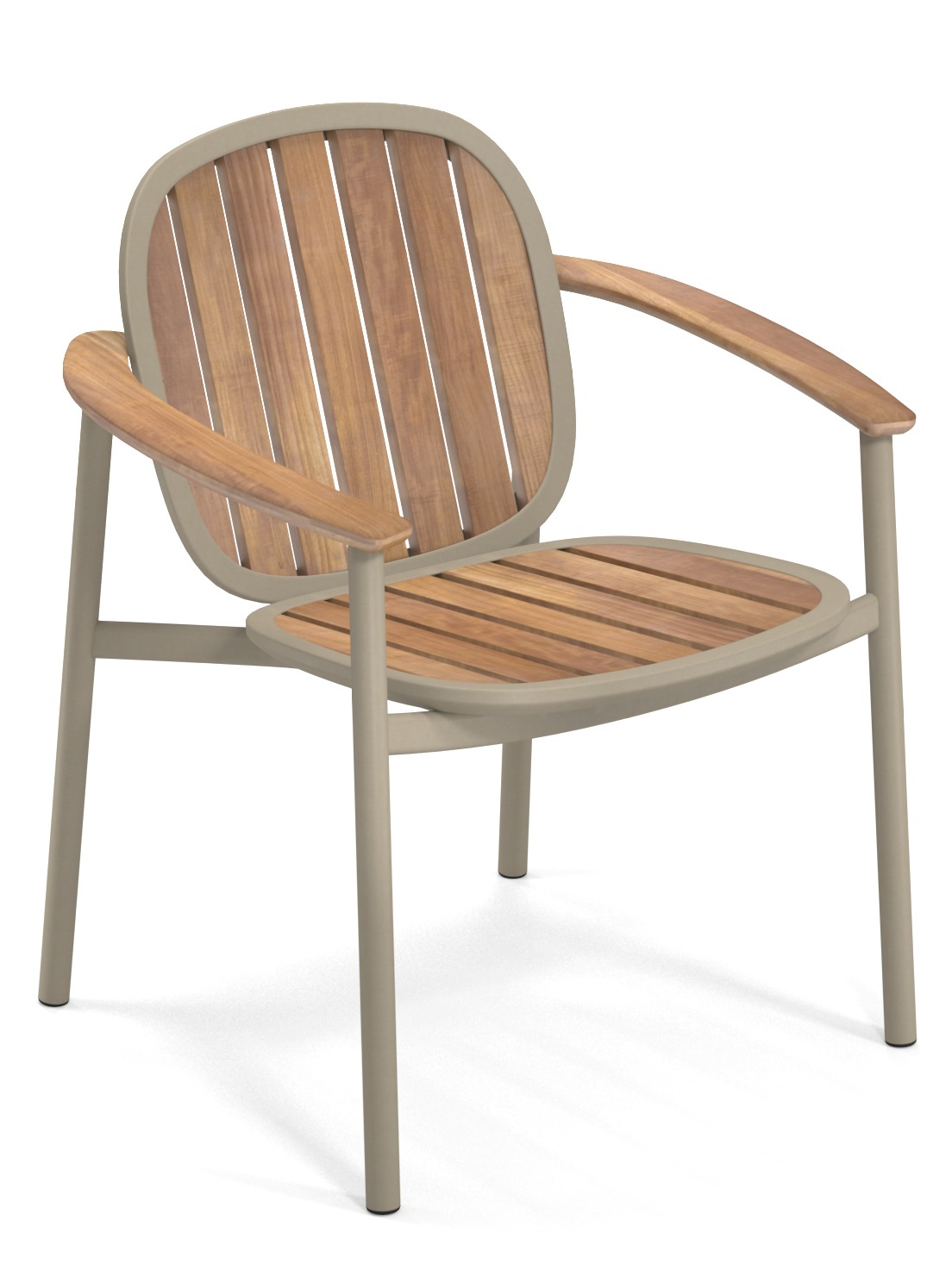 Emu Twins Stuhl Outdoor: Moderner Gartenstuhl mit Armlehnen und Holzlatten in Beige.