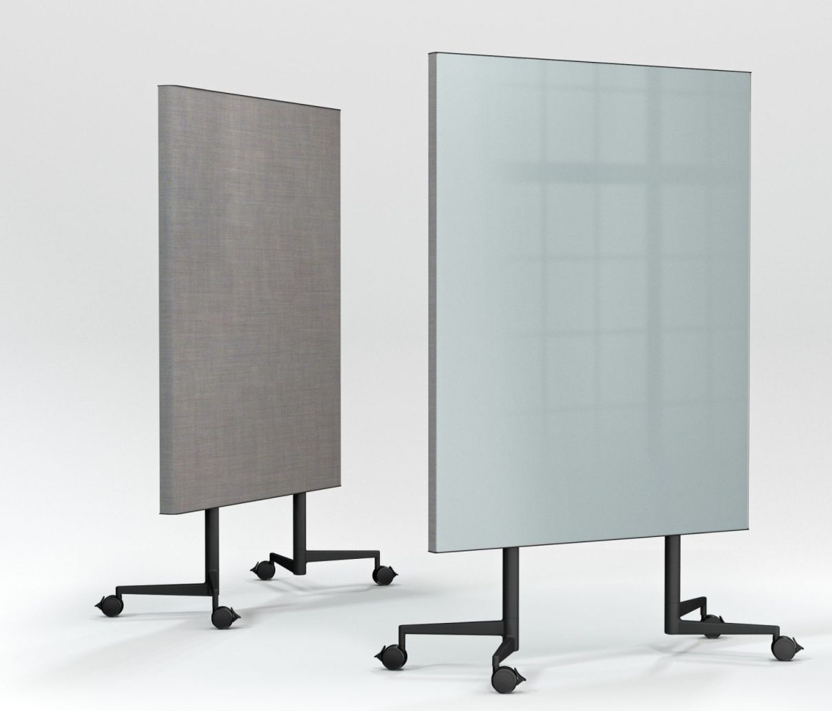 Chat Board Move Acoustic Stellwand: Graue Stoffbespannte und Glas-Akustikwand auf Rollen für Büro und Konferenzraum.