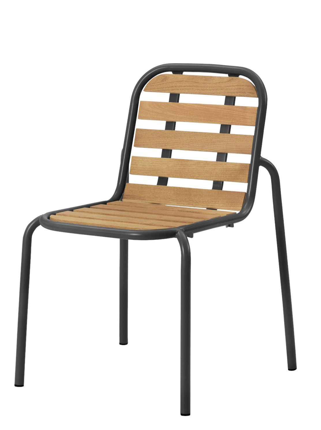 Vig Chair Wood Stuhl von Normann Copenhagen, Outdoor-Stuhl mit Holzlatten und grauem Metallgestell.