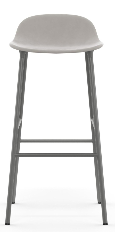Grauer Form Barhocker von Normann Copenhagen mit Stahlgestell und gepolsterter Sitzfläche, Frontansicht.
