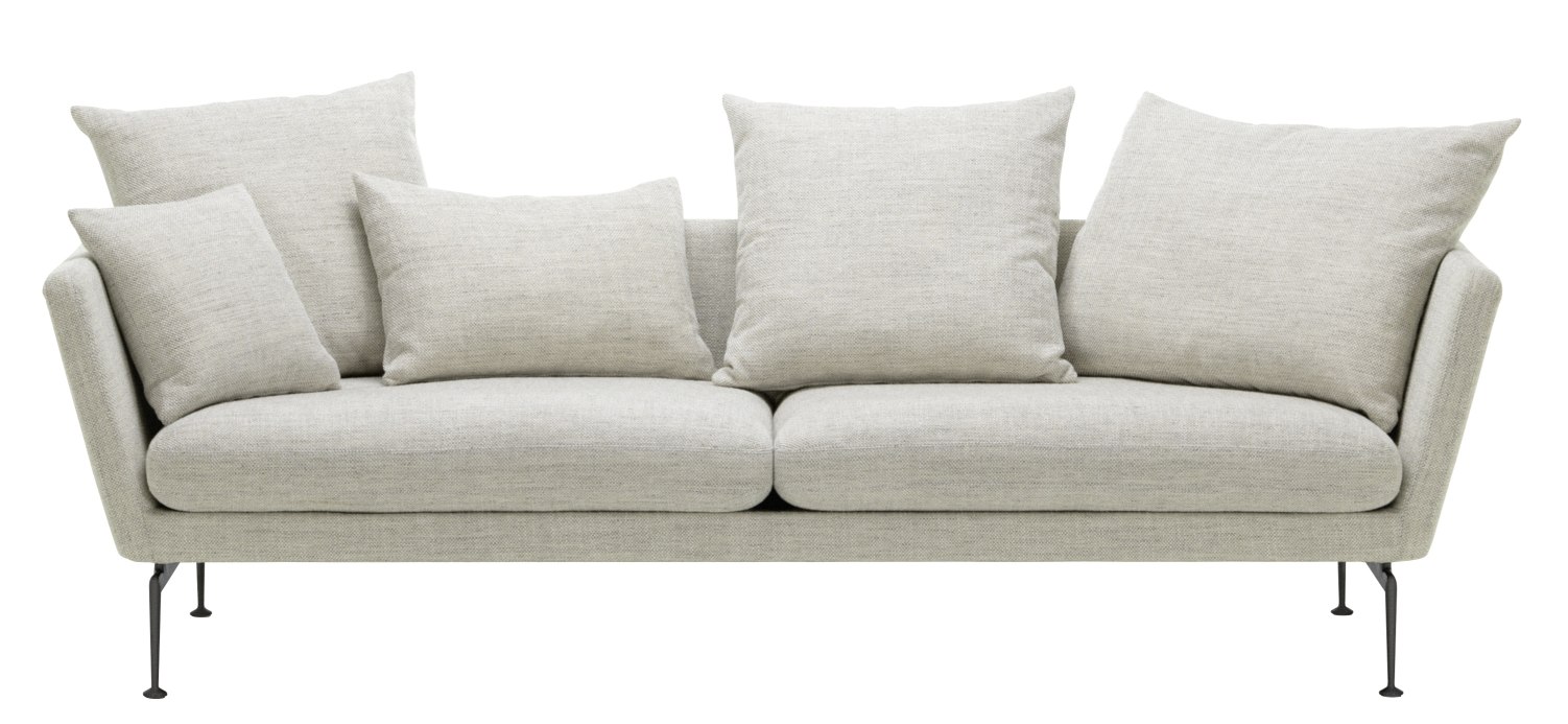 Vitra Suita Sofa, 3-Sitzer in hellgrauem Stoffbezug mit losen Kissen und filigranem Metallgestell.