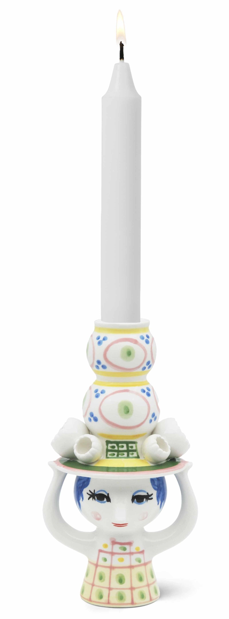 Kerzenständer "Lady with Hat" von Bjorn Wiinblad mit brennender Kerze, verspieltes Design.