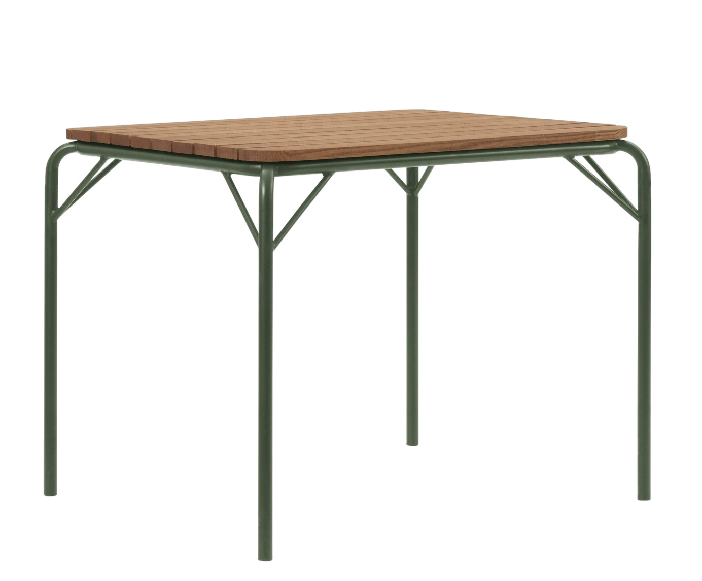 Normann Copenhagen Vig Table 90x90 cm für den Außenbereich mit Holzplatte und grünem Gestell.