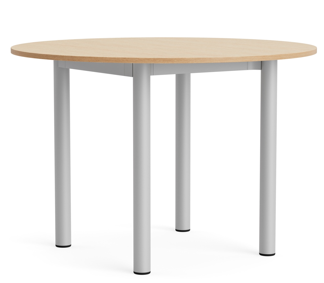 Annex Table Round von Hay: Runder Esstisch mit heller Holzplatte und silbernen Metallbeinen.