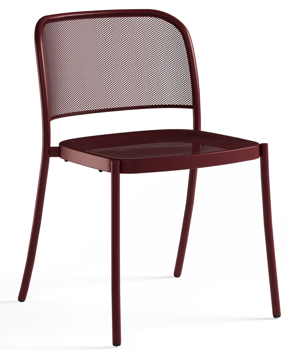 Café Chair Stuhl von Emu für den Außenbereich, rotbrauner Metallstuhl mit filigranem Netzmuster.