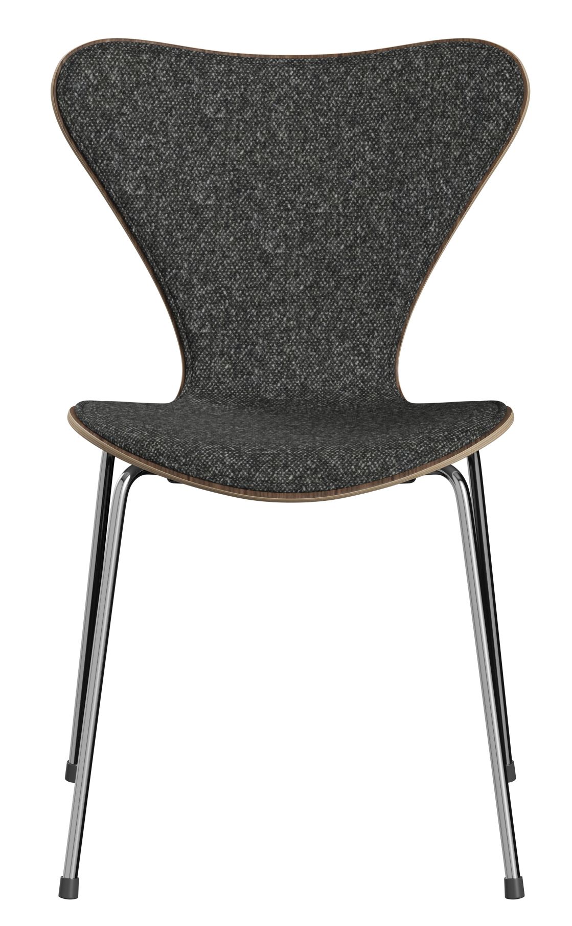 Siebener Stuhl mit grauem Stoffbezug und Chromgestell, ein Designklassiker von Fritz Hansen.