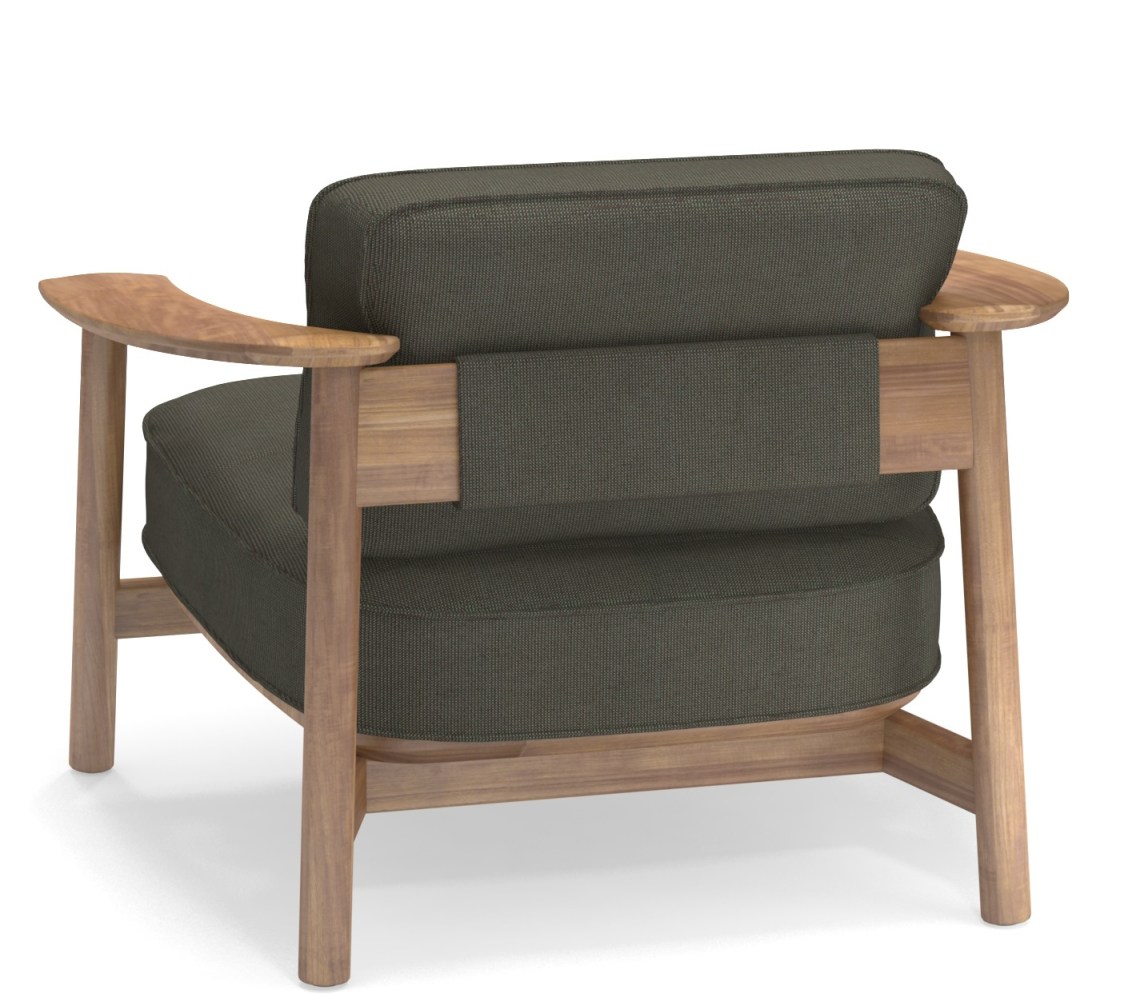 Rückansicht des Twins Lounge Chair Sessels von Emu mit Holzrahmen und olivgrünen Polstern.