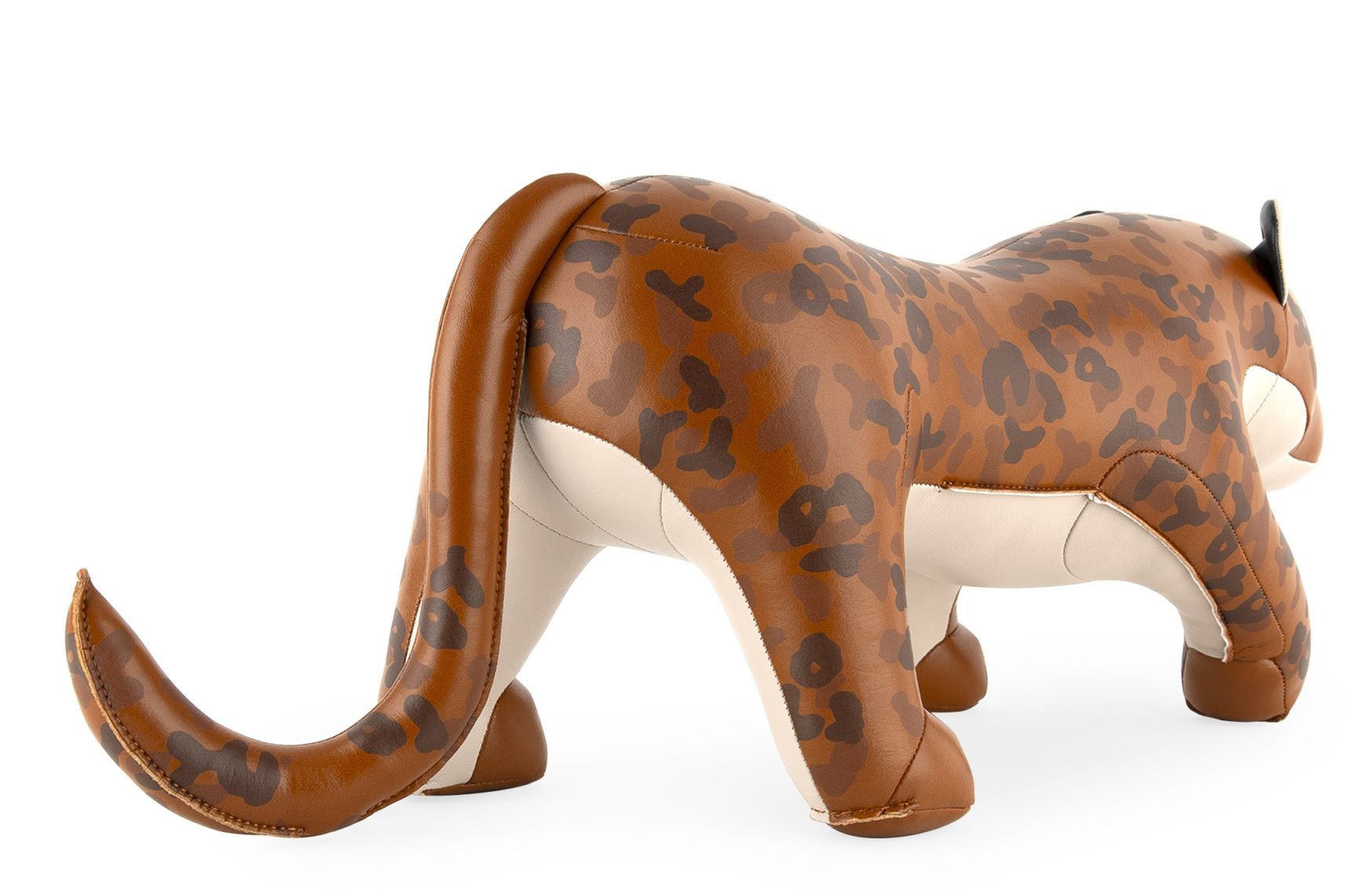 Rückansicht des dekorativen Türstoppers Leopard Ray in Braun und Weiß von Zuny, Tierdesign aus Kunstleder.