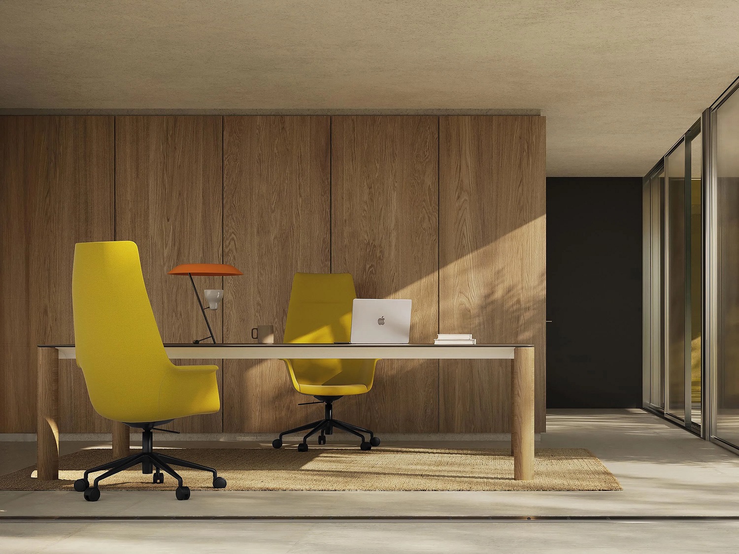 Gala Executive Bürodrehstuhl von Andreu World in Gelb, modernes Design für ergonomisches Arbeiten im Büro.