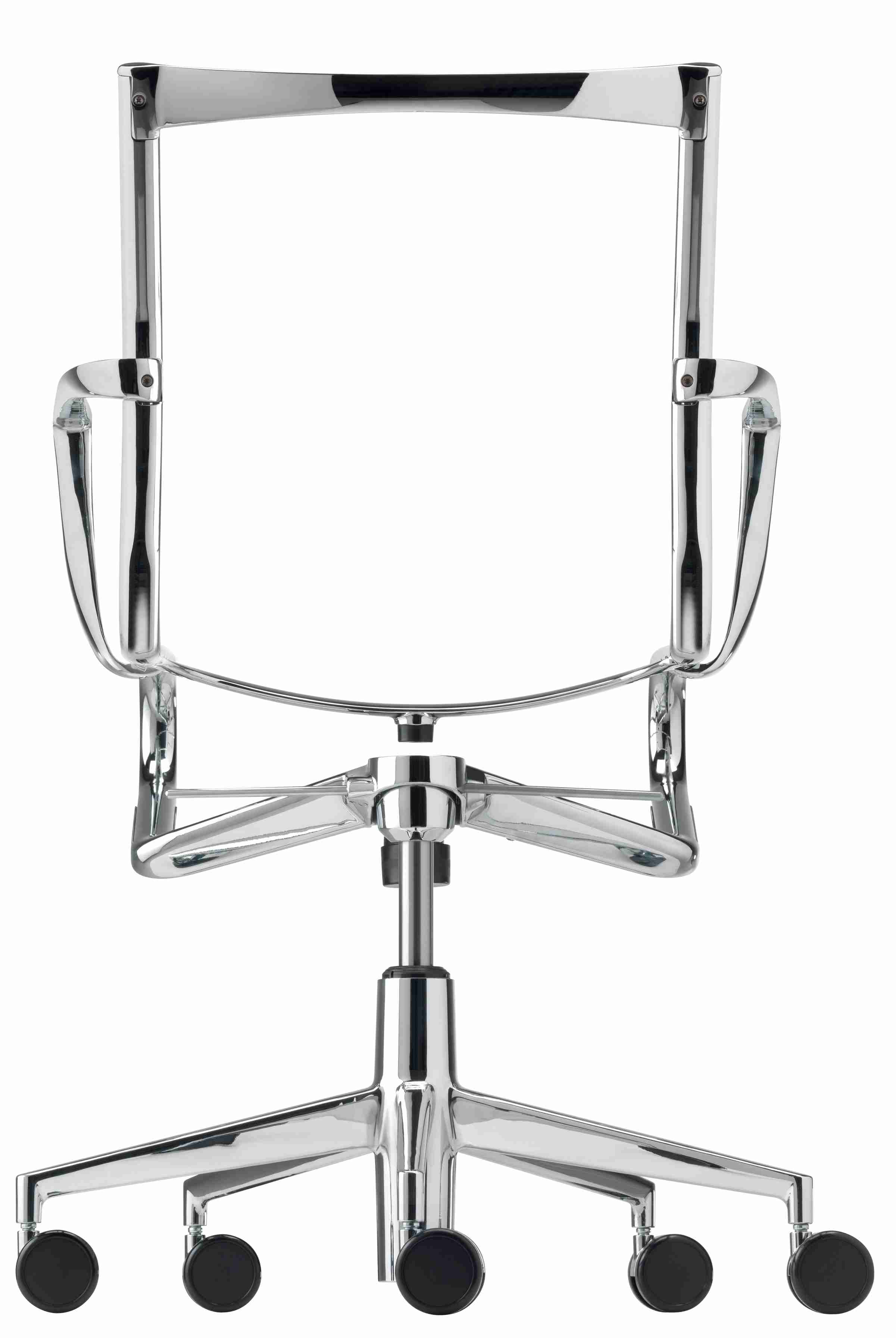 Rückansicht des Rollingframe Drehstuhls mit verchromtem Gestell und schwarzen Rollen für Büros und Arbeitszimmer.