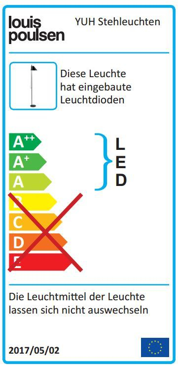 Energieetikett der Louis Poulsen Yuh LED Stehleuchte, mit Informationen zur Energieeffizienzklasse und LED-Technologie.