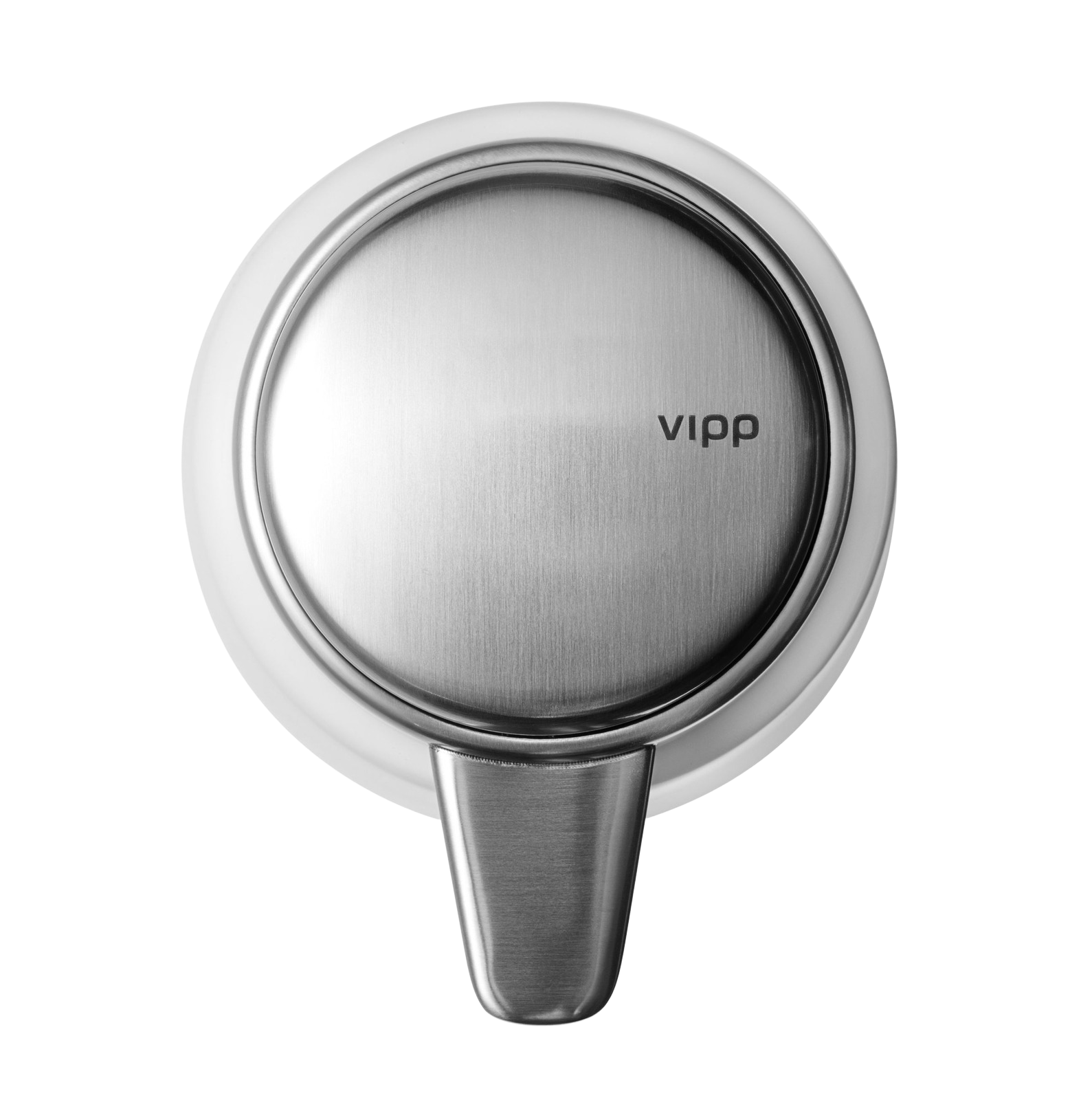 Vipp Seifenspender aus Edelstahl, Detailaufnahme des runden Spenders mit Logo und Auslass.