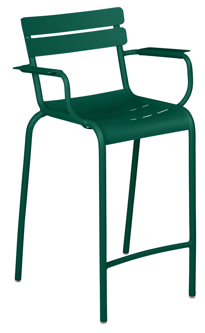 Luxembourg Barhocker von Fermob für den Außenbereich, hoher Hocker aus grün lackiertem Aluminium mit Armlehnen.