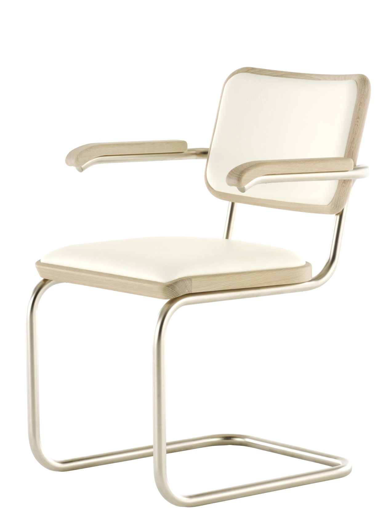 JS. Thonet S 64 P Freischwinger Stuhl mit Armlehnen, weißem Leder und verchromtem Stahlrohr Gestell.
