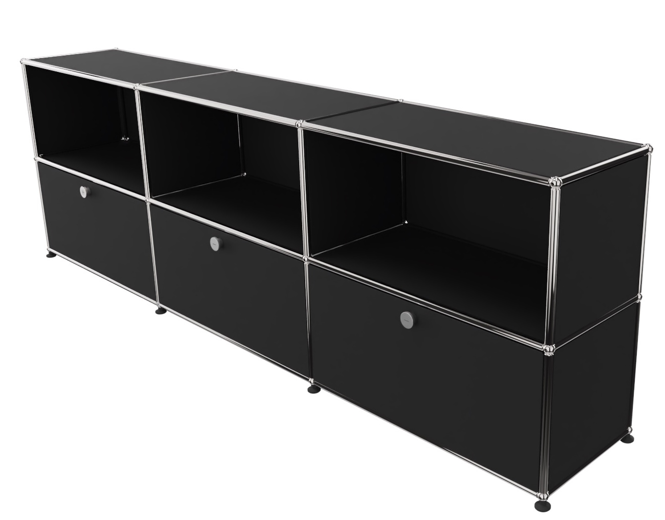 USM Haller Sideboard in Graphitschwarz mit drei offenen Fächern und drei Klappen.