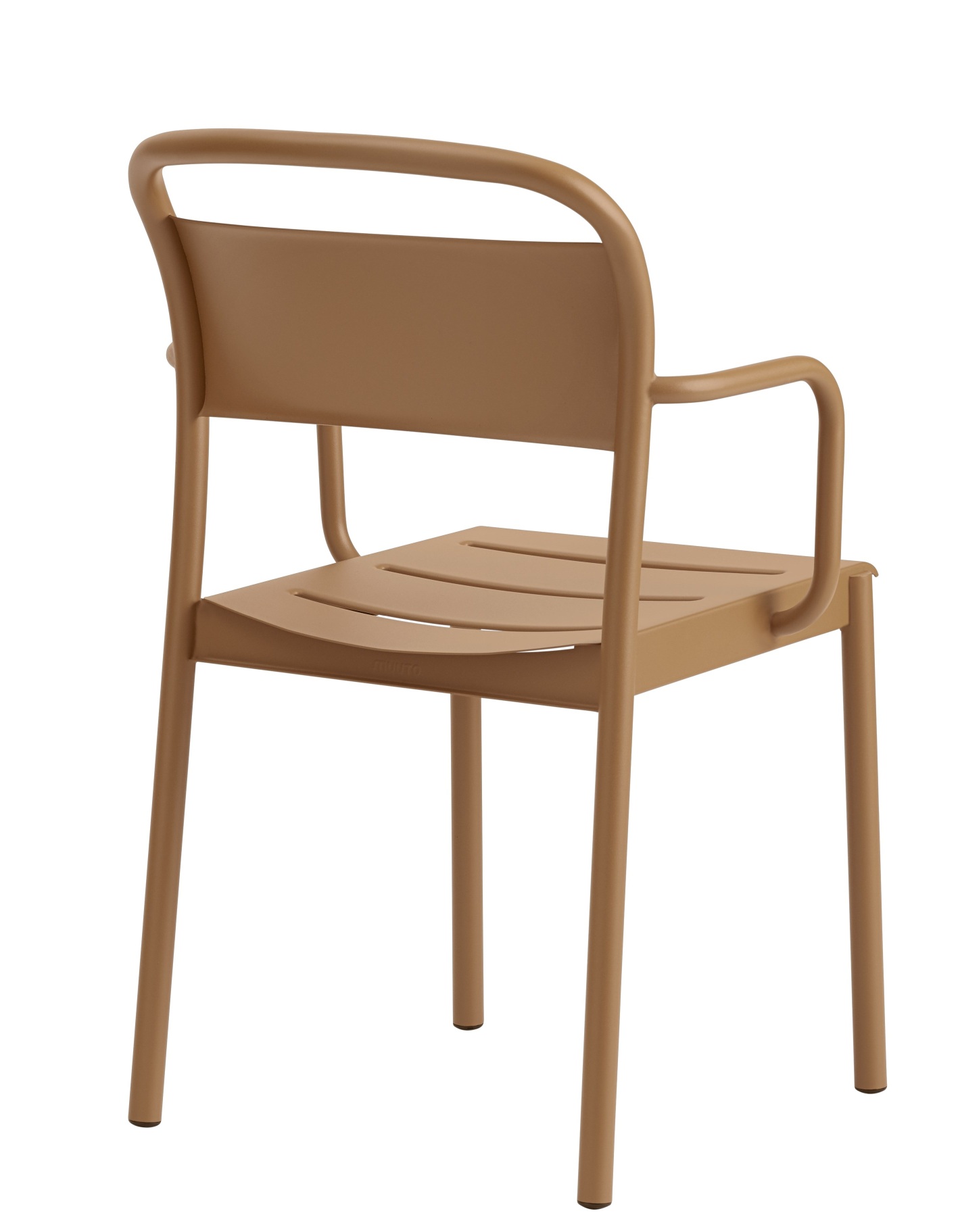 Rückansicht des Muuto Linear Steel Armchair Outdoor Armlehnenstuhls in Grau, moderner Gartenstuhl aus Stahl.